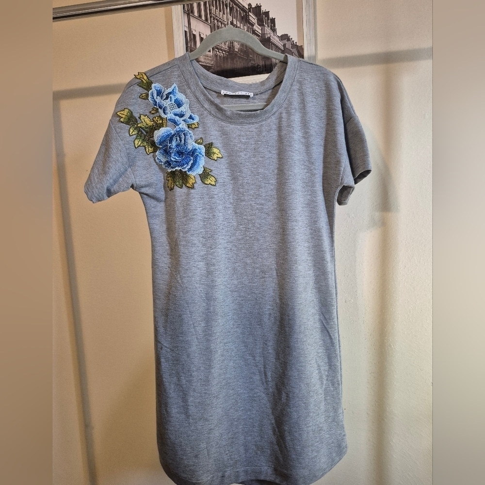 Potter's Pot Gray Dress with Blue Floral Embroidery